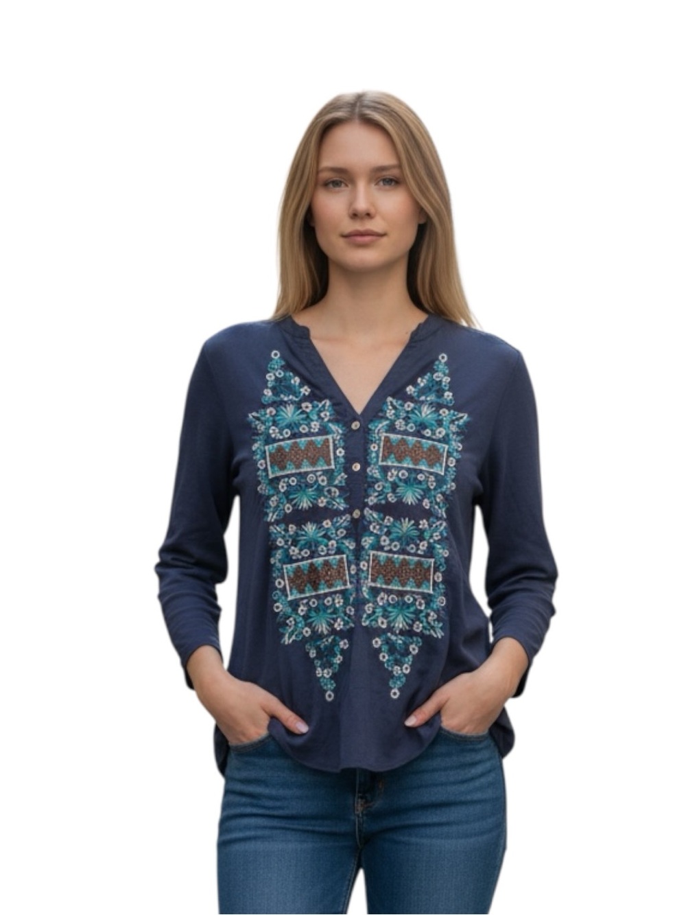 Tiny Anthropologie Navy Embroidered V-Neck Top Size XS